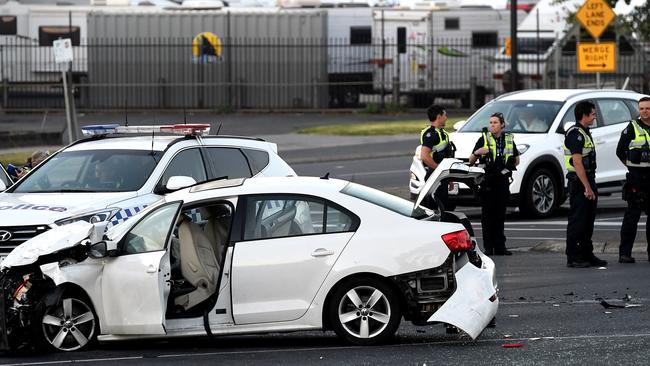 A car crash at the intersection of Princes Highway and Springvale Rd, Springvale. Picture: Nicole Garmston