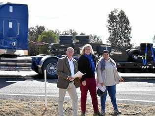 WORKS NEEDED: Shadow Transport Minister Steve Minnikin, Warrego MP Ann Leahy and resident Lynda Hyland at the Jackson-Wandoan Rd/Warrego Highway intersection. Picture: Contributed