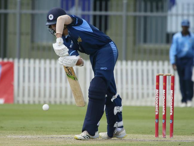 Fraser Pandit blocks a straight ball. Picture: Warren Gannon Photography