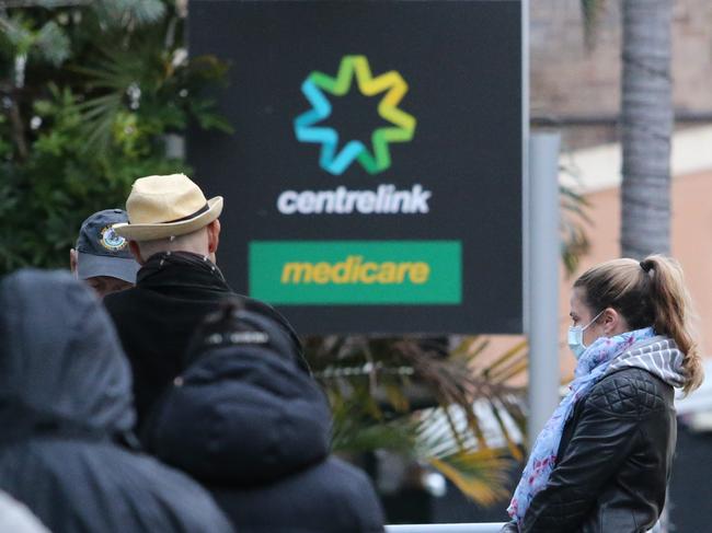 Leichhardt Centrelink queue. A long queue has already formed by 7.30am. The first person arrived at 5.30am. Picture Rohan Kelly