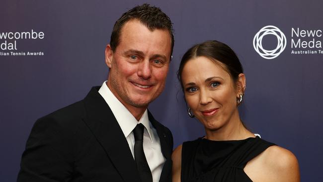 MELBOURNE, AUSTRALIA - DECEMBER 09: Lleyton Hewitt and Bec Hewitt arrive prior to the 2024 Newcombe Medal at Crown Palladium on December 09, 2024 in Melbourne, Australia. (Photo by Graham Denholm/Getty Images for Tennis Australia)