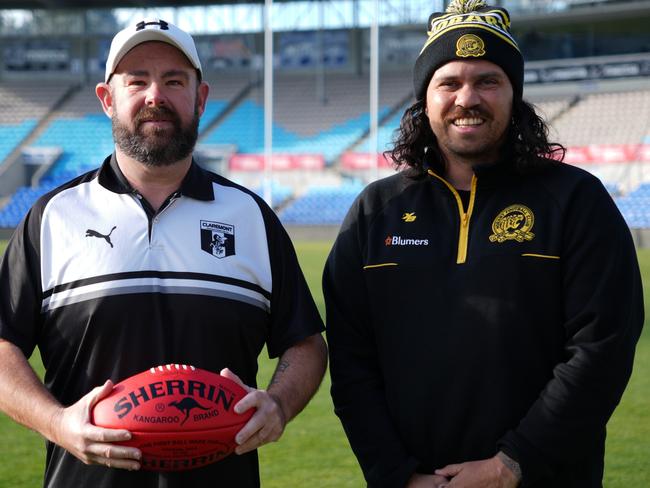 Claremont Magpies coach Nathan Senior and Hobart Tigers coach Allen Christensen speak ahead of their clash in the SFL Community League. Picture: Jacob Doole