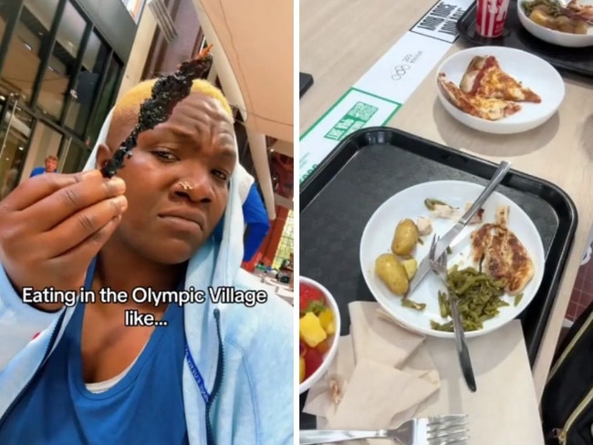 Raven 'Hullk' Saunders, an American track and field athlete holding a piece of food in the Olympic Village. (Worm not pictured) Picture: TikTok / @giveme1shot