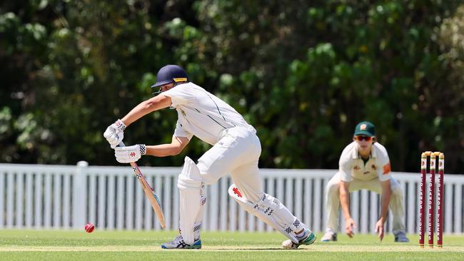 Bradley Radford plays a shot during the club cricket game between Redlands Tigers and Wynnum-Manly. Photo: Tertius Pickard