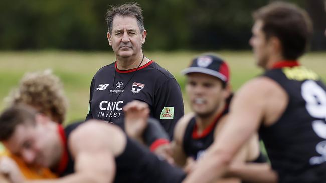 NCA. MELBOURNE, AUSTRALIA. 20th February, 2025 . St Kilda training at Moorabbin .  Ross Lyon, Senior Coach of the Saints  during todays session  .  Picture: Michael Klein