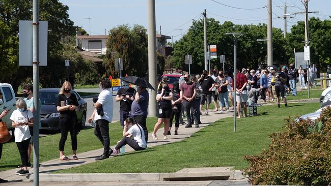 Queues to get checked outside Shepparton’s main hospital. Picture: Alex Coppel.