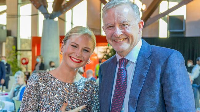 Grace Tame pictured with Labor Leader Anthony Albanese at the 2022 Australian of the Year awards. Picture: Anthony Albanese/Facebook