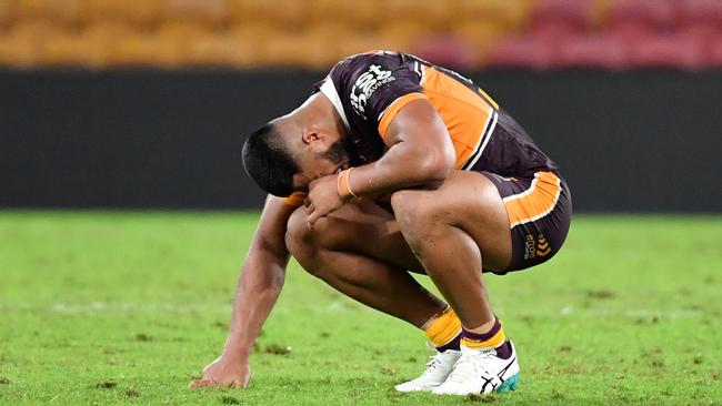 Brisbane powerhouse Payne Haas hunched over during Thursday’s loss to Parramatta. Picture: AAP