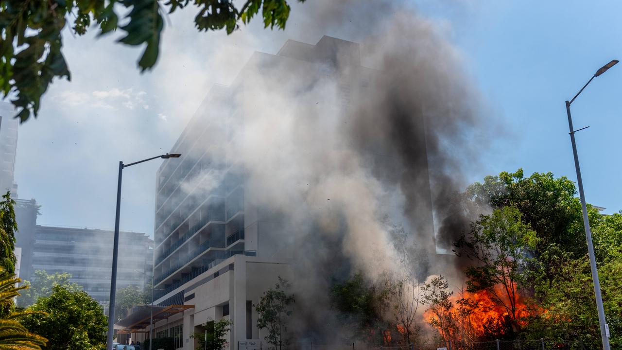 A fire has totally destroyed a house right next to DarwinÃ&#149;s tallest high-rise building, with the full range of emergency services rushing to the scene of the ferocious blaze. The fire on McMinn St is under investigation. picture: Che Chorley