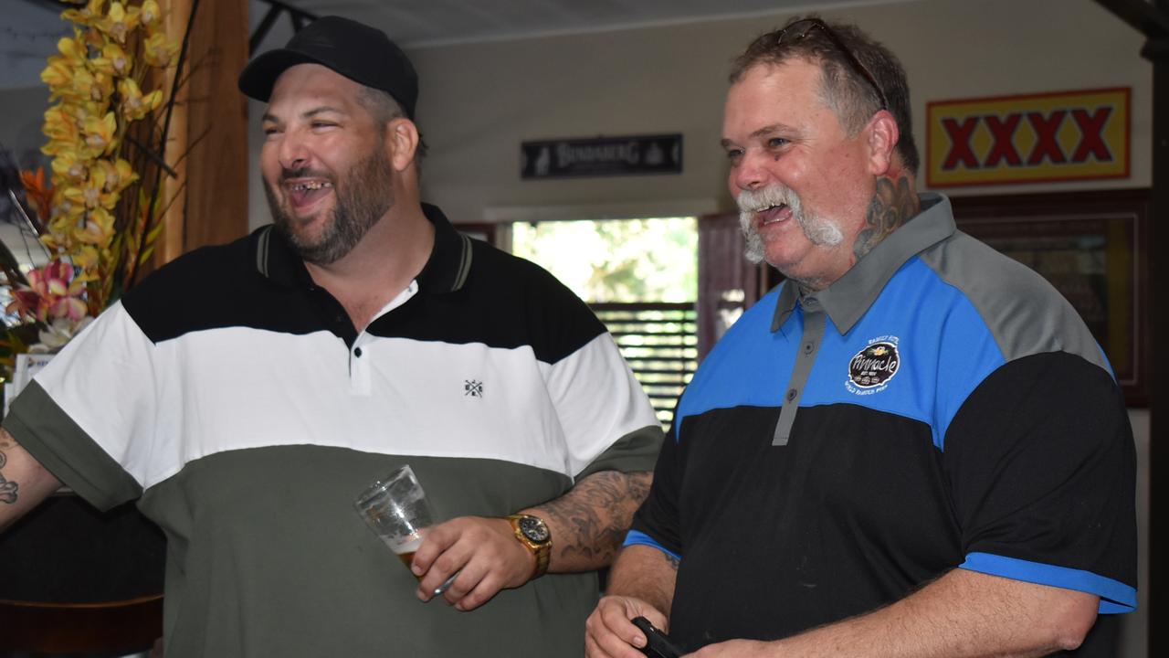 Nicholas Amos and publican Andrew Guthrie at O'Shea's Hotel Walkerston less than 48 hours after Nicholas Amos was shot in an alleged carjacking gone wrong. Picture: Lillian Watkins