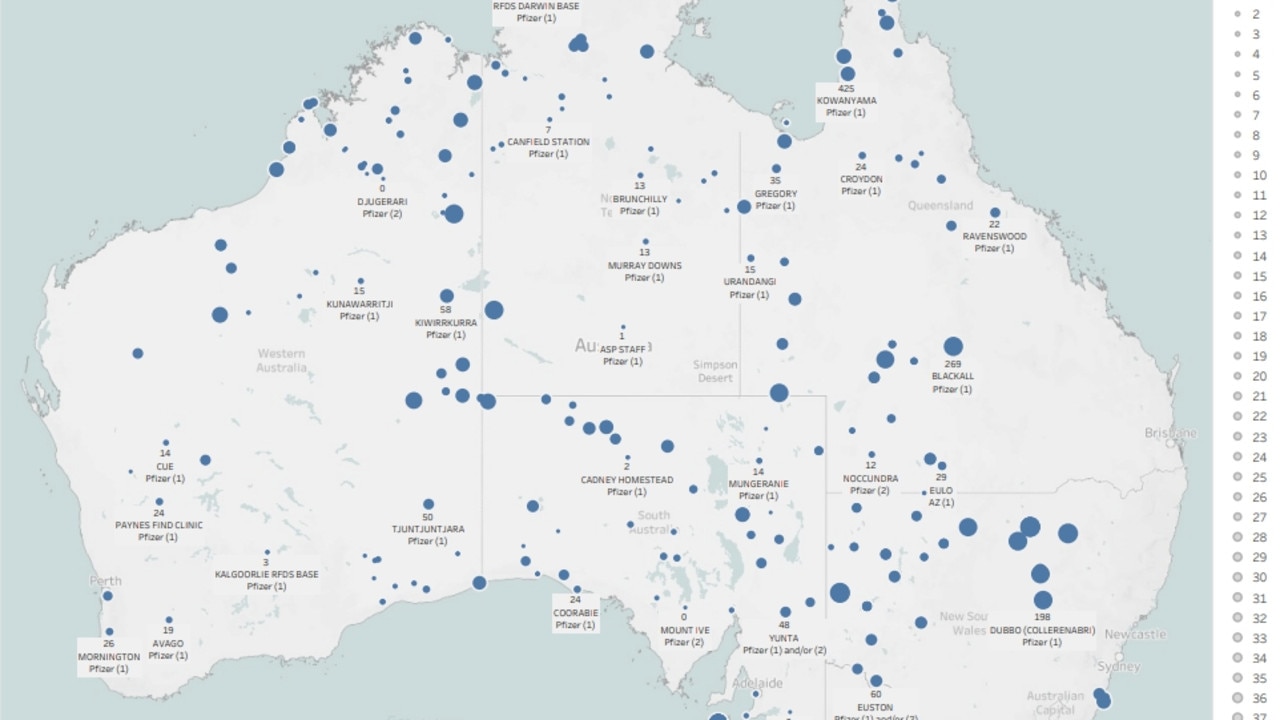 A map of Australia showing where the Royal Flying Doctor Service has delivered Covid-19 Vaccine jabs. Picture: Supplied