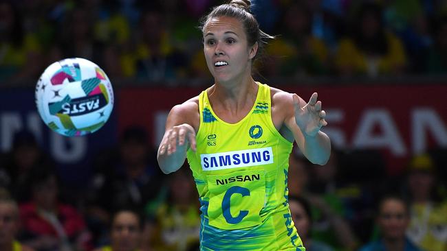 Paige Hadley of the Diamonds is seen in action during the Fast5 Netball World Series match between Australia and England. Picture: AAP Image/Julian Smith.