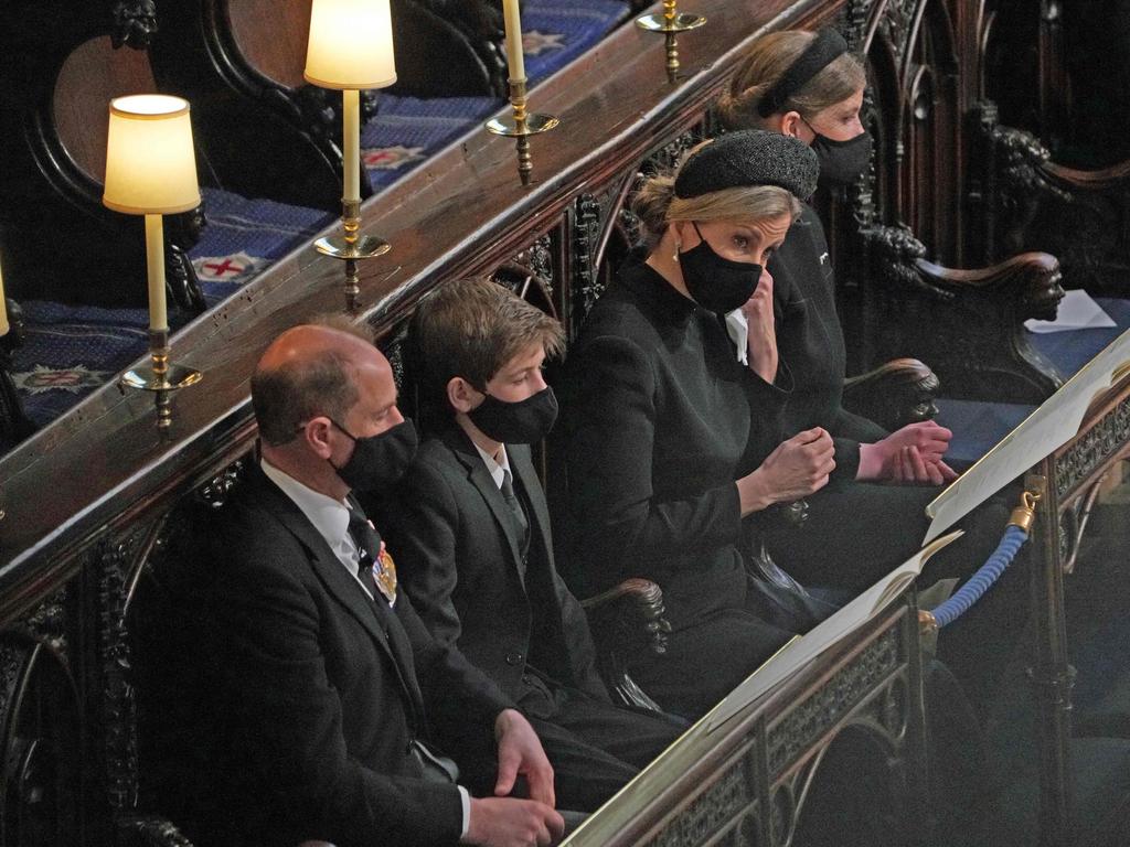 The Earl of Wessex, James Viscount Severn, the Countess of Wessex and Lady Louise Windsor attend the funeral service of Britain's Prince Philip. Picture: AFP