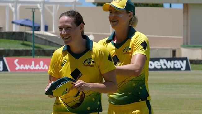 SA opening bowler Megan Schutt celebrates her ODI hat-trick playing for Australia against the West Indies in the Caribbean on September 11, 2019. Picture: Cricket Australia