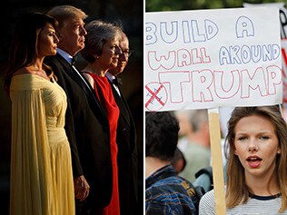 Donald Trump arrives in London (left) as protesters make their feelings known.