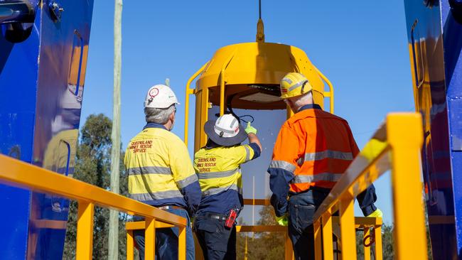 The Queensland Mines Rescue Service Shaft Rescue System being inspected at Aquila Mine.