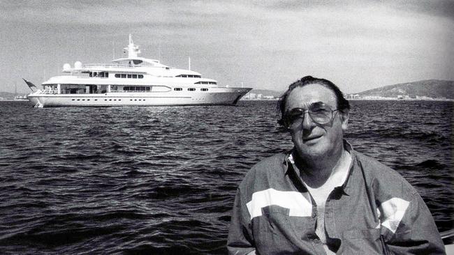 Ghislaine Maxwell’s father, publishing businessman Robert Maxwell with his favourite "toy" in the background: his $19 million yacht The Lady Ghislaine.