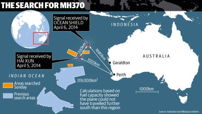 This map shows the new search zone in the hunt for Malaysia Airlines Flight MH370. 