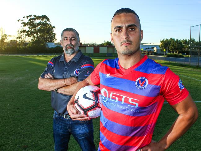 Nerang signing Tolga Yorulmaz (right) with coach Dave Benigno. Picture: Luke Sorensen