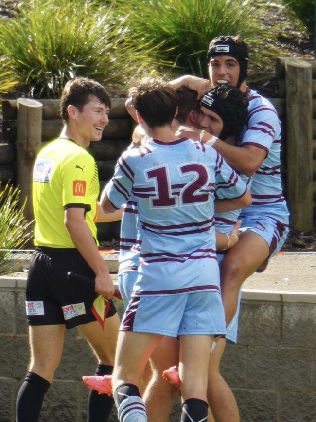 St Gregory’s celebrate a try during last year’s Peter Mulholland Cup. Picture: St Gregory's College