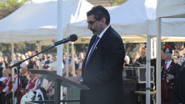 Campbelltown Mayor George Greiss addresses the ceremony and pays his respects. Picture: Facebook