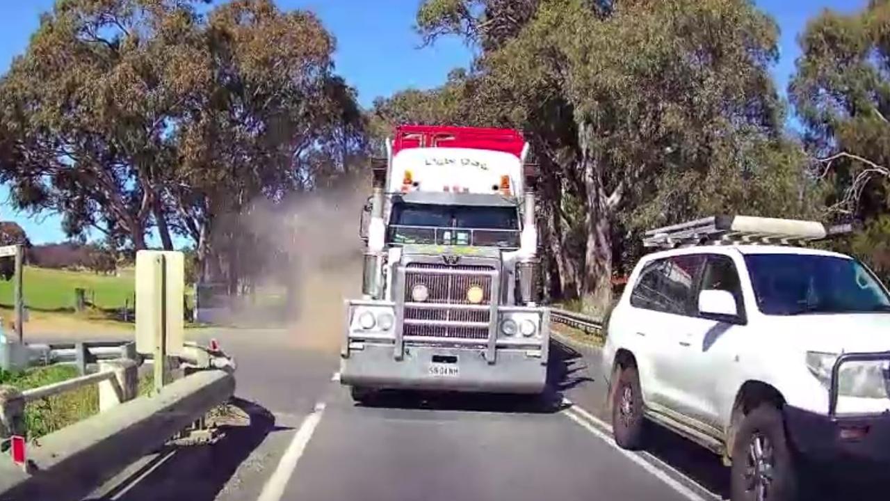 Dashcam footage of a terrifying close call between a truck carrying live sheep and a car on Main South Rd, Wattle Creek, on November 3, 2024. Picture: Supplied