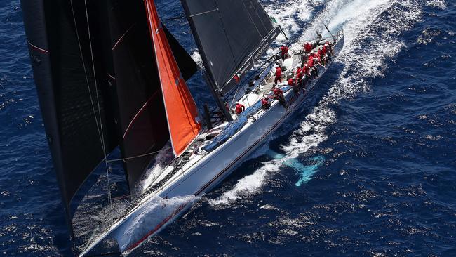 Wild Oats XI during the start of the 2018 Sydney to Hobart in Sydney. Pic: Brett Costello.