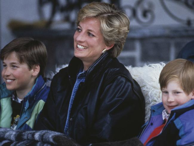 Princess Diana with her sons Prince William (left) and Prince Harry on a skiing holiday in Lech, Austria, March 1993. Picture: Getty Images