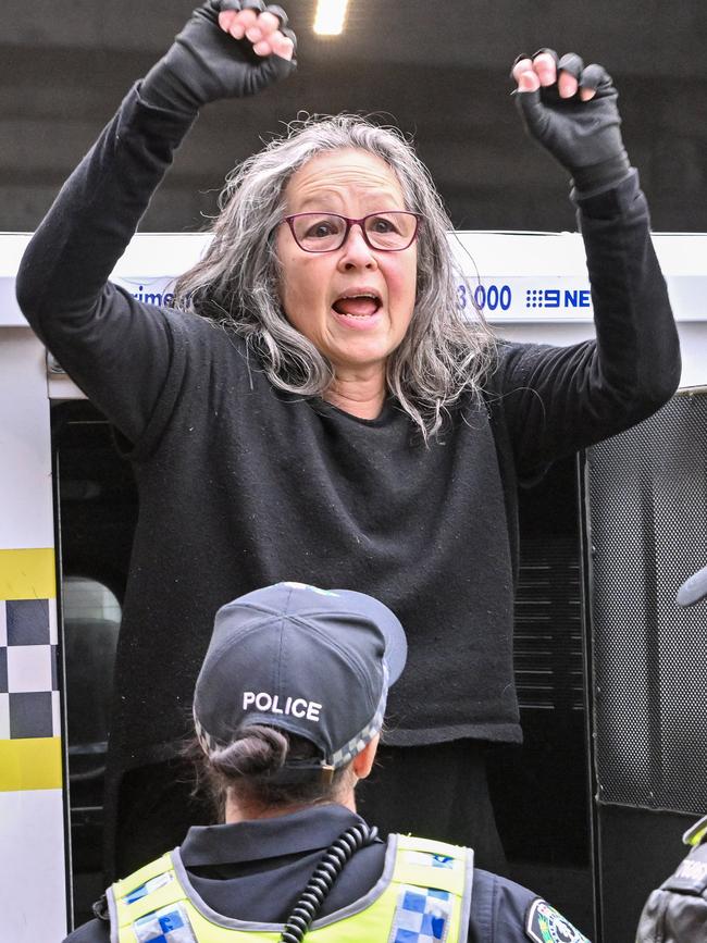 Extinction Rebellion protester Meme Thorne is arrested after disrupting Adelaide traffic by abseiling from the Morphett Street Bridge. Picture: NCA NewsWire / Brenton Edwards