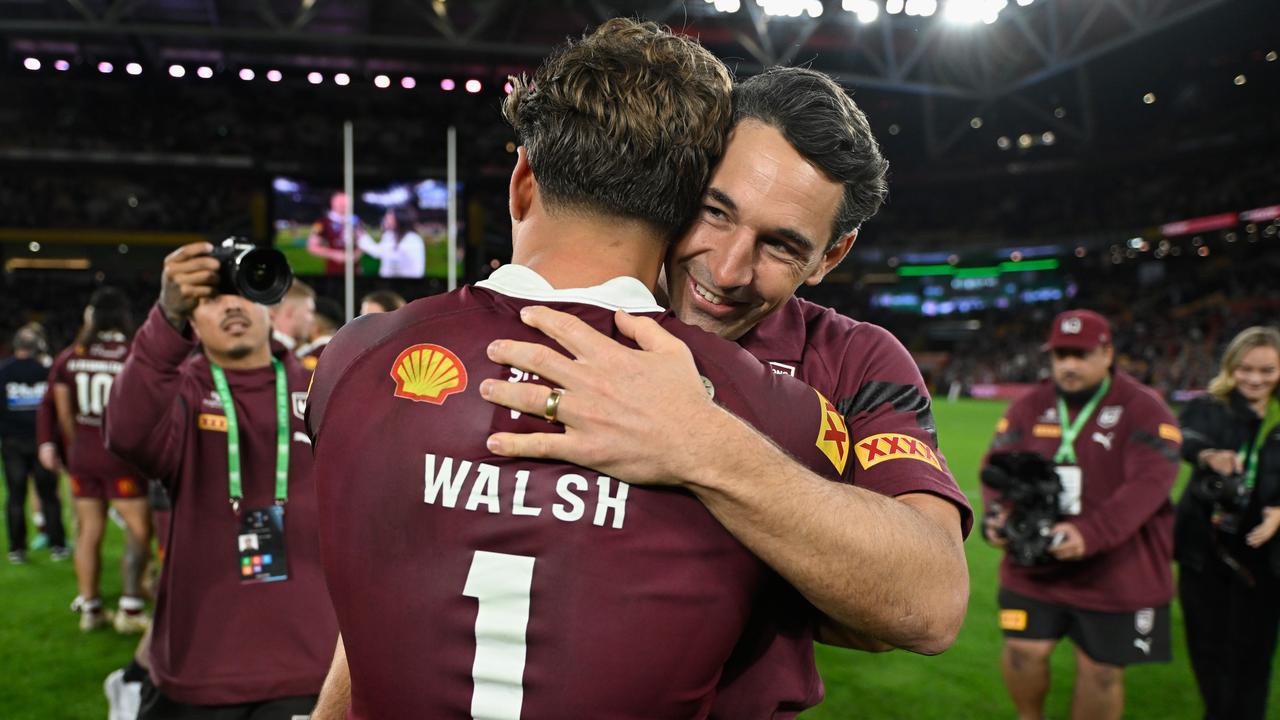 Maroons coach Billy Slater celebrates with Reece Walsh after winning State of Origin Game II. Picture: NRL Imagery.