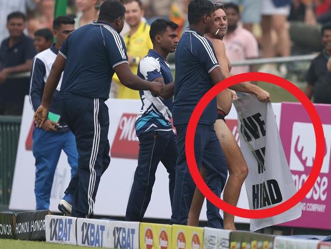 A streaker stopped play for a short while in the first Test between Australia and Sri Lanka. Image: Supplied