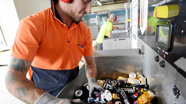 Kanga Bins Container for Change scheme counter Jordan Roser sorts through the returned rubbish. Picture: Allan Reinikka ROK240619acontain