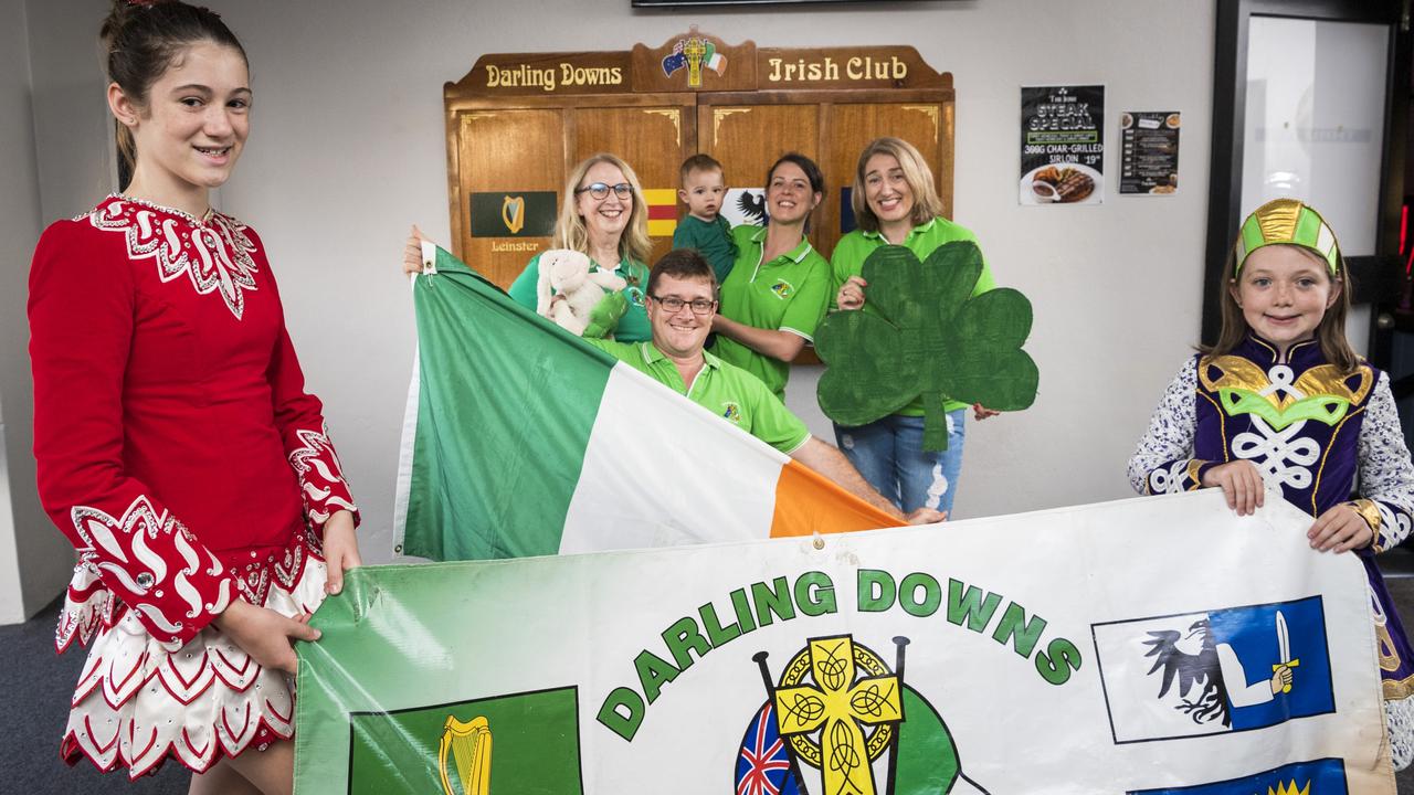 The Darling Downs Irish Club is getting all geared up for the biggest day on the Irish calendar this week, with their annual St Patrick’s Day parade on this Sunday. Local Irish dancers Catherine (front, left) and Sarah (front, right) McGovern help Darling Downs Irish Club committee members (back, from left) Aileen Cater-Steel, Tomas Guerin, Gillian Ross holding Arthur Ross and Mary McGovern prepare for Toowoomba's celebrations. Picture: Kevin Farmer