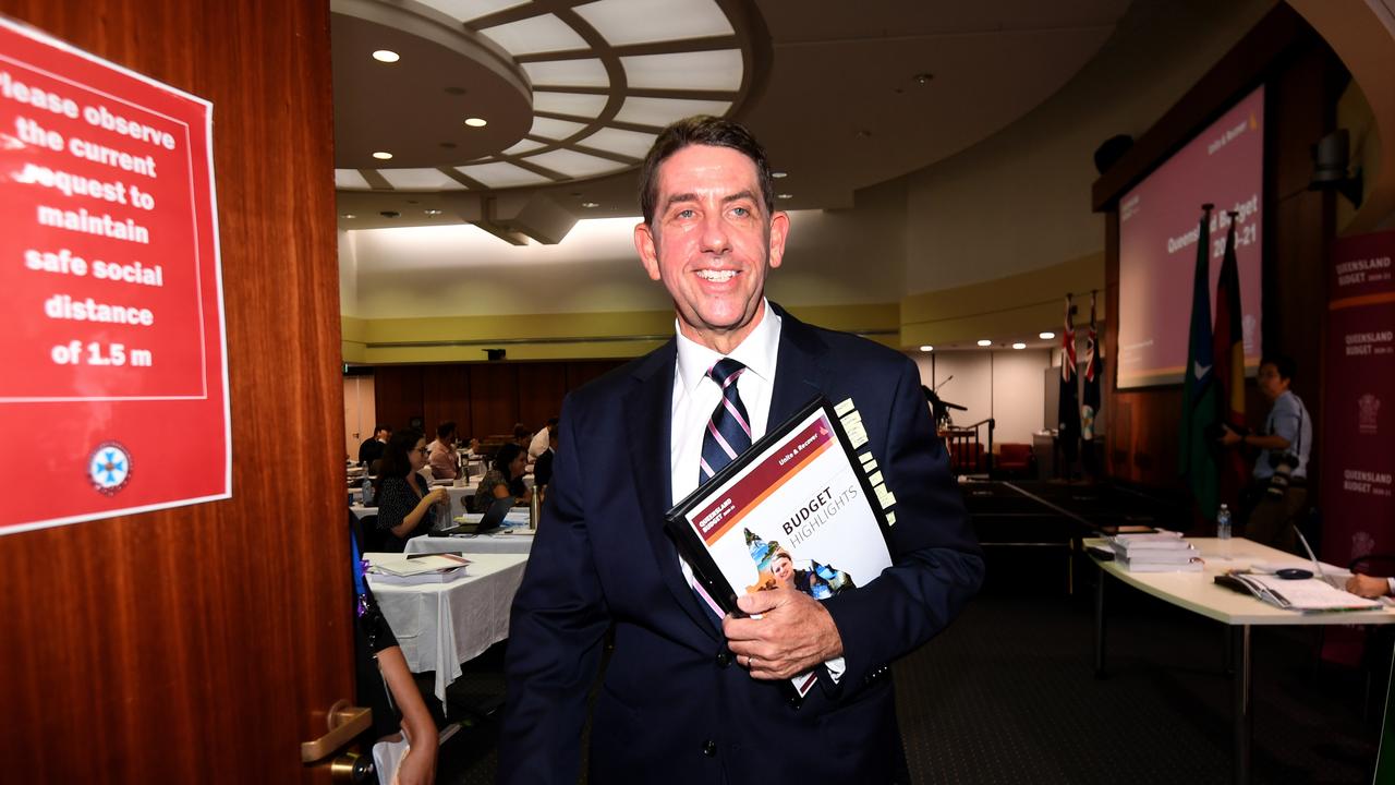 Queensland Treasurer Cameron Dick leaves the State Budget lock-up at Parliament House after addressing the media. Picture: NCA NewsWire / Dan Peled