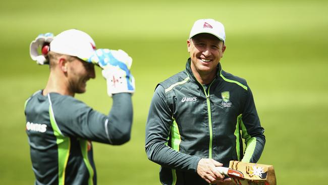 Peter Nevill and Brad Haddin of Australia train during a nets session ahead of the Third Ashes Test in 2015. Picture: Getty Images