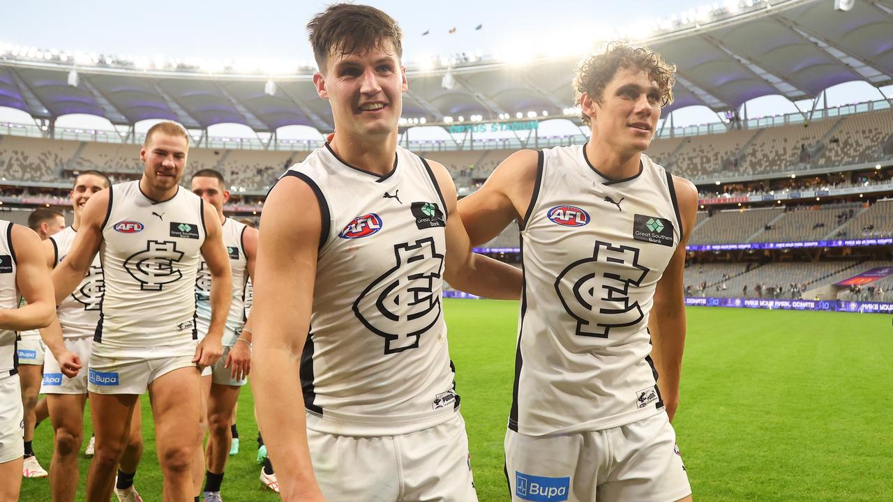 Carlton players are up and about after three straight wins. Picture: James Worsfold/AFL Photos/via Getty Images