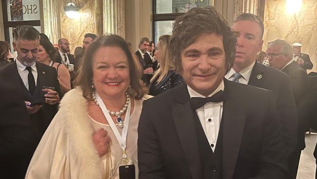 Gina Rinehart with Argentinian President Javier Milei at the Starlight Ball in Washington following the inauguration of President Donald Trump in January.