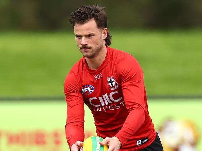 MELBOURNE, AUSTRALIA - APRIL 30: Jack Sinclair of the Saints kicks during a St Kilda Saints AFL training session at RSEA Park on April 30, 2024 in Melbourne, Australia. (Photo by Quinn Rooney/Getty Images)