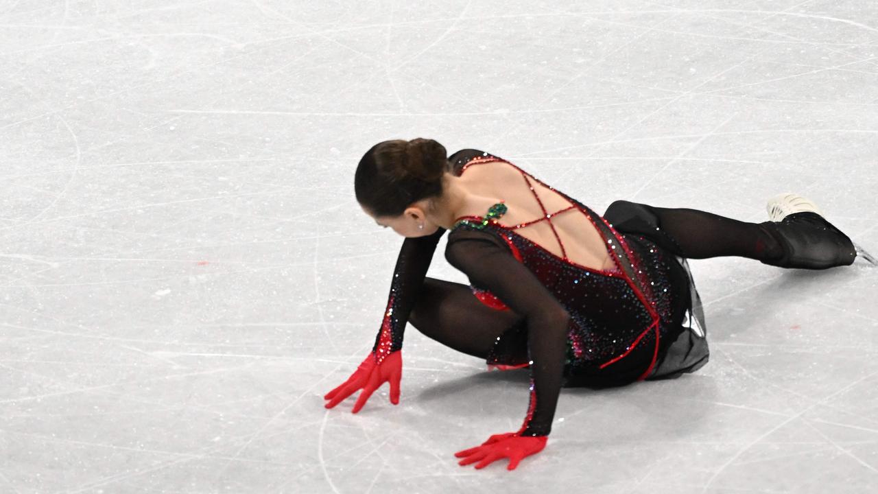 Kamila Valieva falls in her final performance at the Beijing Winter Olympics. Picture: Kirill Kudryavtsev / AFP