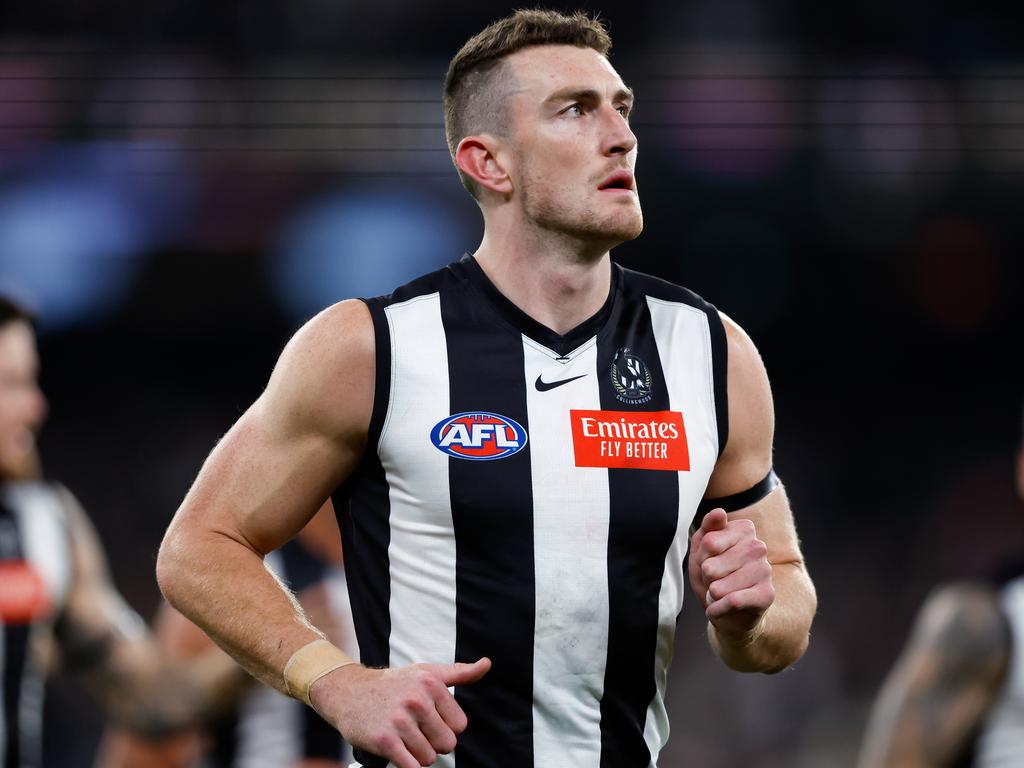 MELBOURNE, AUSTRALIA - SEPTEMBER 22: Daniel McStay of the Magpies is seen as the Magpies leave the field at half time during the 2023 AFL First Preliminary Final match between the Collingwood Magpies and the GWS GIANTS at Melbourne Cricket Ground on September 22, 2023 in Melbourne, Australia. (Photo by Dylan Burns/AFL Photos via Getty Images)