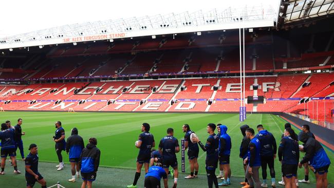 The Samoa team during the Samoa Captain's Run ahead of the Rugby League World Cup Final. (Photo by Matthew Lewis/Getty Images for RLWC)