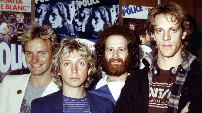 Sting, Andy Summers, promoter Michael Gudinski and Stewart Copeland on The Police’s 1980 Australian tour.