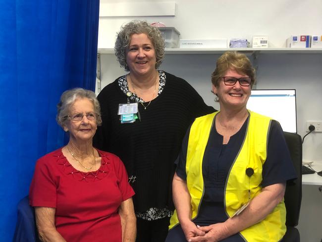 IRST JAB: Fay Birrney, 83, was delighted to be the first person to receive a COVID-19 Jab at the NNSWLHD's new clinic at Lismore Square. L-R Ms Birney, Lismore Base Hospital Clinic and Lismore Square Clinic Manager, Sandra Vidler and nurse Schipanski. Photo: Alison Paterson