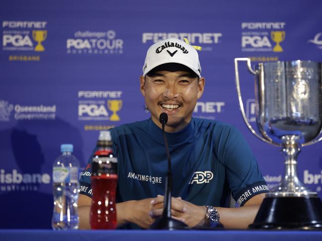 Min Woo Lee chats to the press after his victory. Picture: Russell Freeman/Getty Images