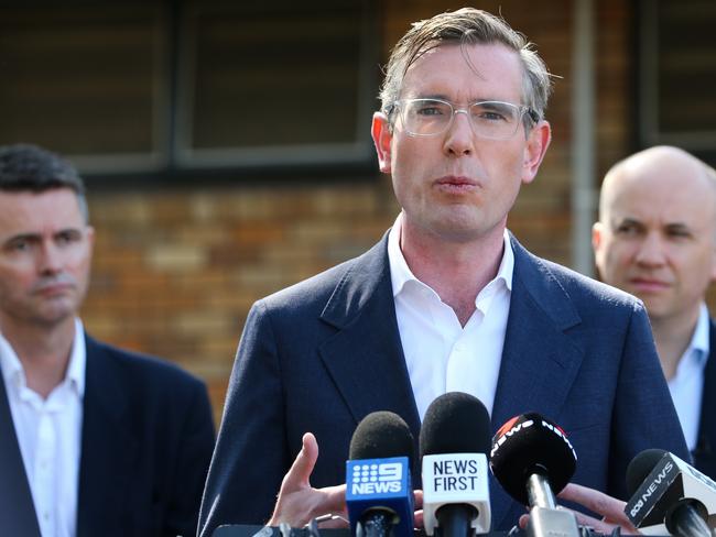 Premier Dominic Perrottet, Treasurer Matt Kean and Parlimentary Secretary for Western Sydney Shayne Mallard (L)make a significant funding announcement for WestInvest in the Canterbury Bankstown region in Sydney. Picture: Gaye Gerard