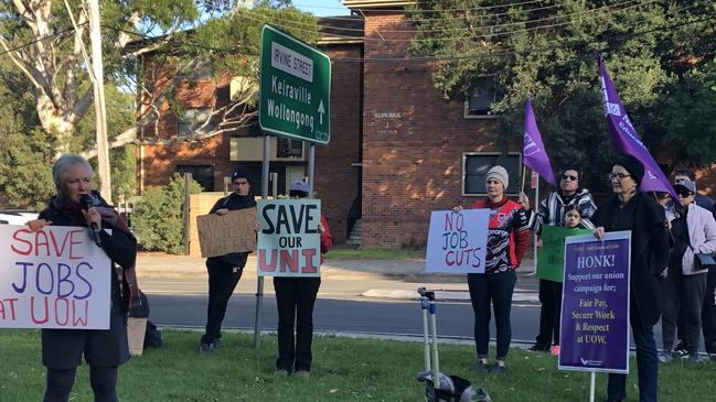 National Tertiary Education Union branch president associate professor Georgine Clarsen addresses protesters. Picture: Madeline Crittenden.