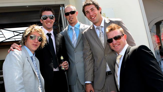 Collingwood footballers Dale Thomas, Dane Swan, Nick Maxwell, Travis Cloke and Nathan Buckley drinking at the races.