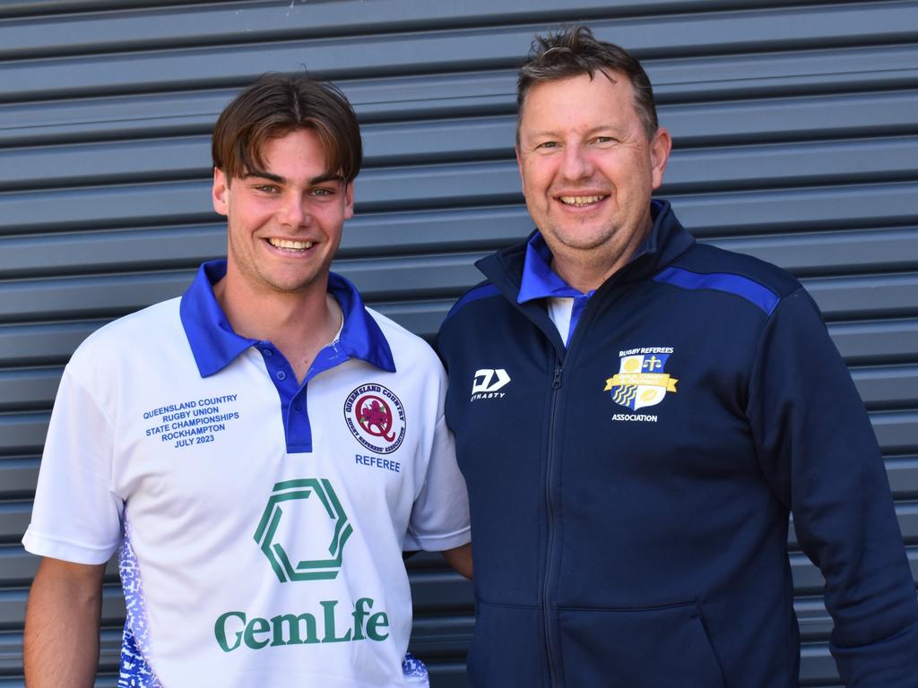 Referees Dan Boulton and Scott Lynch from the Gold Coast at the Queensland Country Rugby Union Championships in Rockhampton, July 1, 2023.