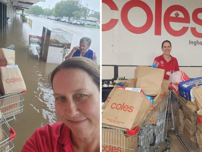 Coles Ingham duty manager Marcia Glindermann was put on a boat to access the store on Sunday. Picture: Supplied.