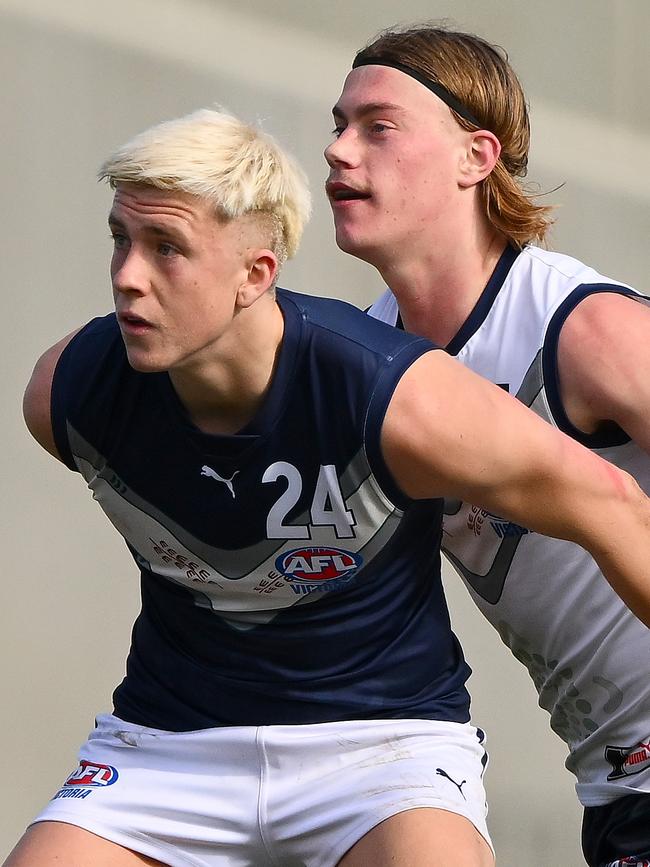 Parade College star Nate Caddy contests with fellow highly-rated draft prospect Harley Reid while playing for Vic Metro. Caddy will miss Wednesday’s semi-final. Picture: Morgan Hancock/AFL Photos via Getty Images